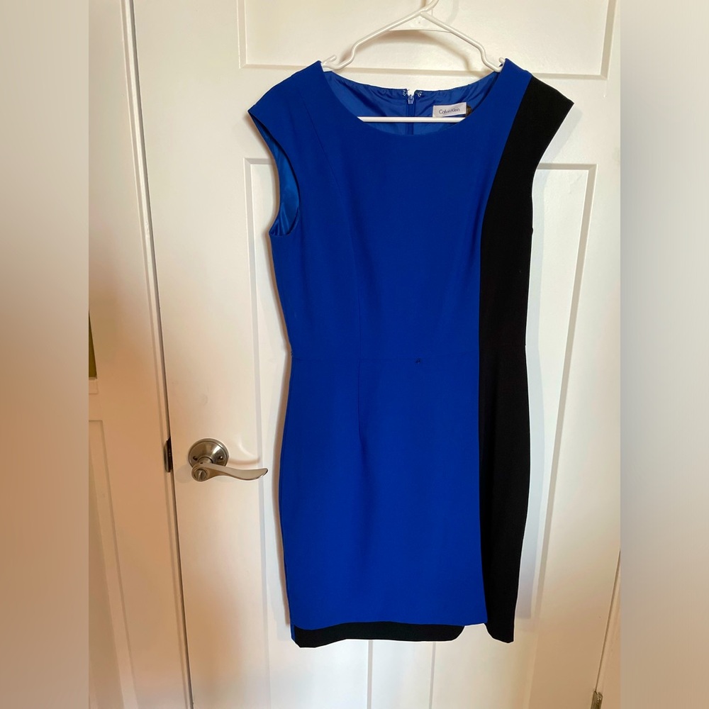 Size 8 Calvin Klein, blue & black dress with belt.